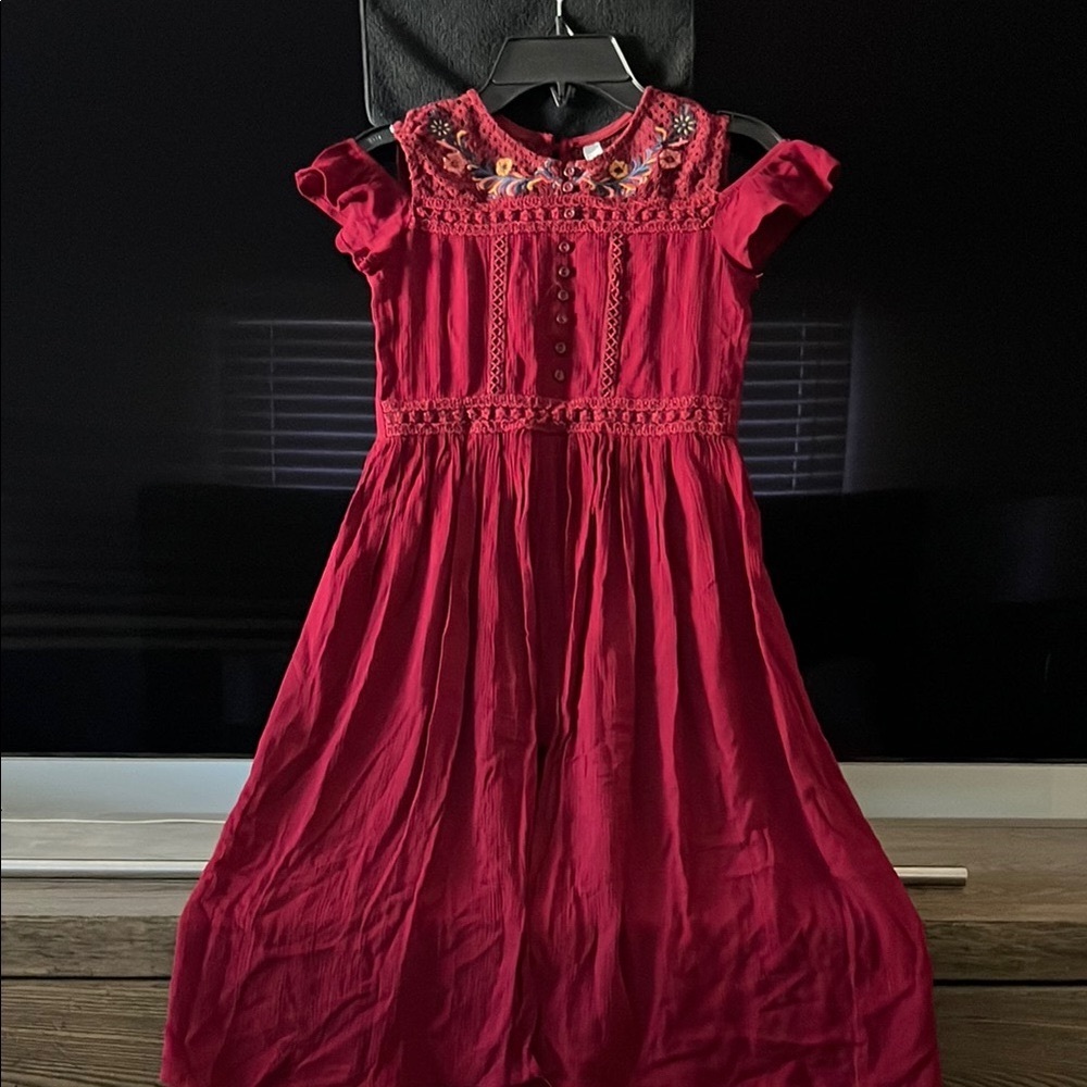 Beautees Red Smocked Romper Dress with Ruffled Cap Sleeves